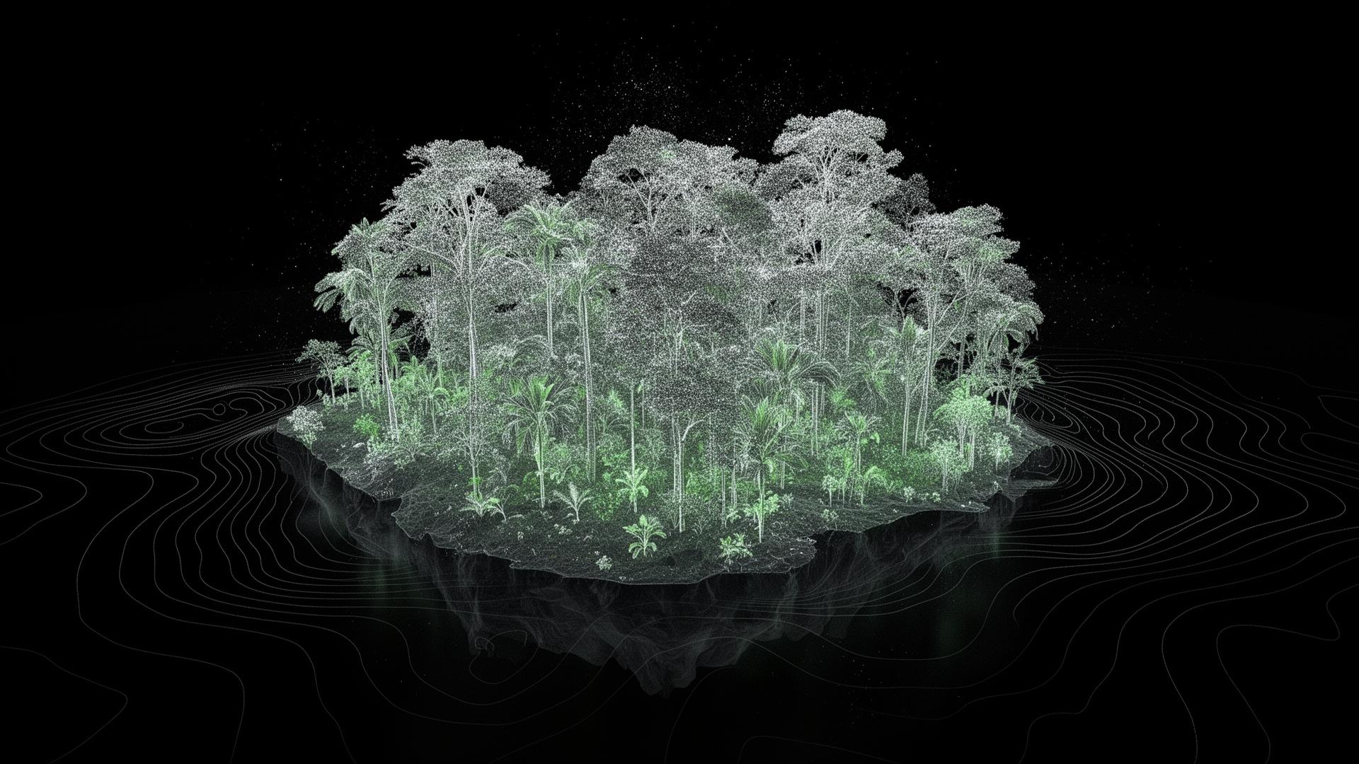Floresta geoespacial com glow verde — BiomeTrace