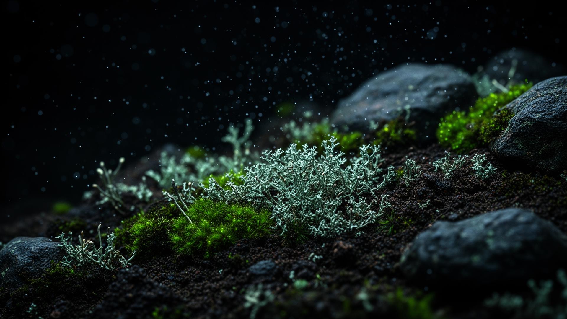 Micro-habitat de musgo e solo com leitura científica imersiva